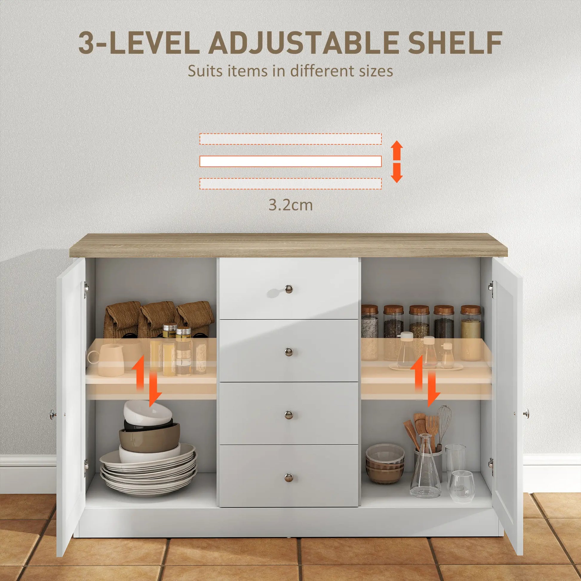 Country Style Sideboard Buffet, Coffee Bar Cabinet, Adjustable Shelf, 2 Shaker Doors, 4 Drawers, White Bar Cabinets at Gallery Canada