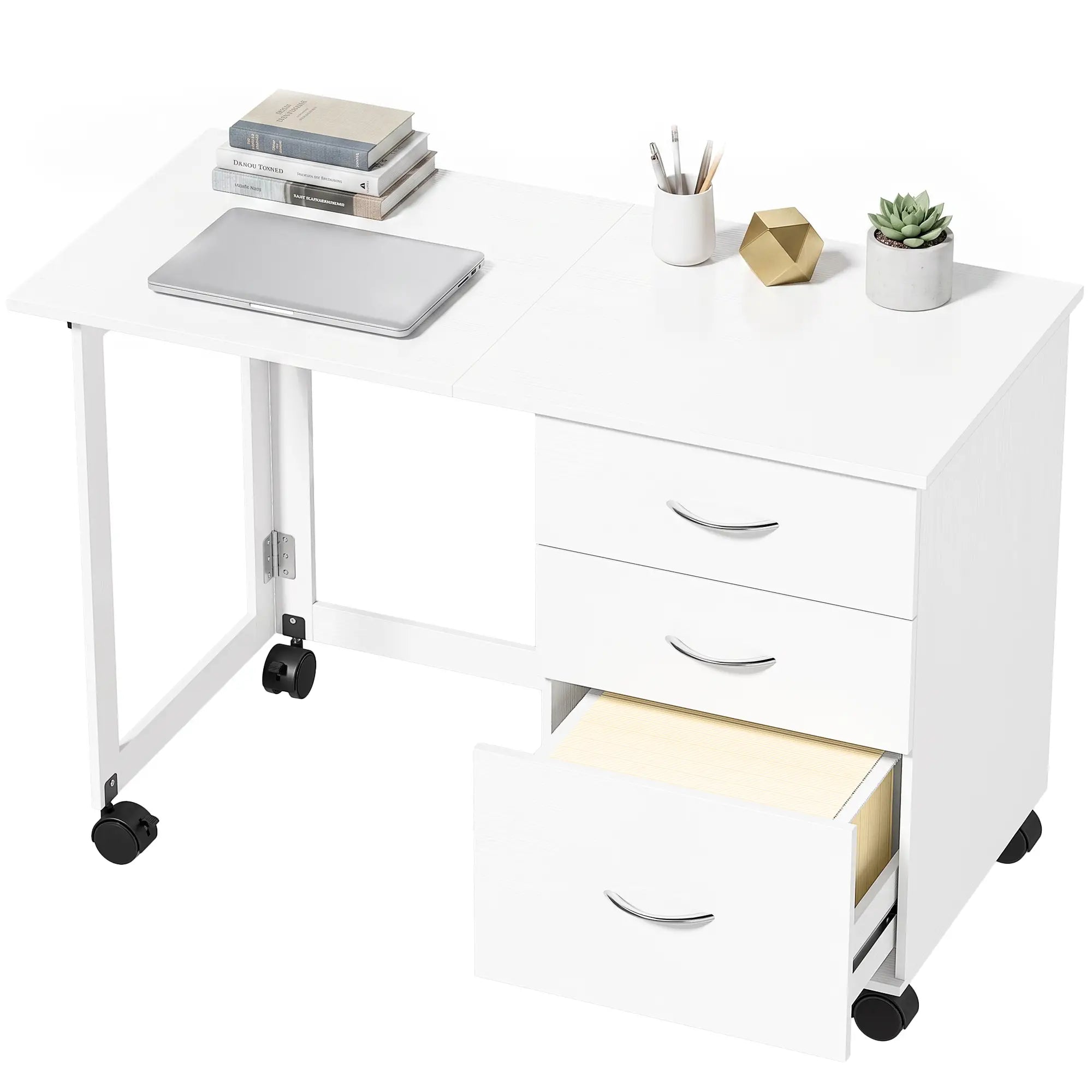 Foldable Computer Desk, 3 Drawers, White Computer Desks at Gallery Canada
