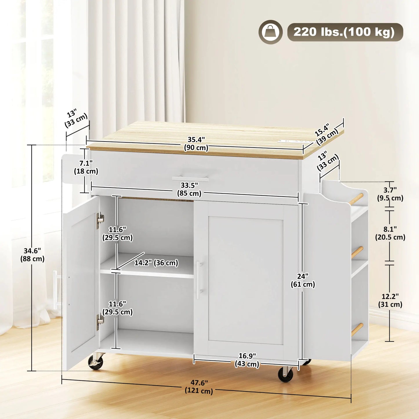 Kitchen Island with Storage, Rolling Cart, Foldable Drop Leaf, Power Outlet, USB Ports, White Kitchen Islands & Kitchen Carts at Gallery Canada