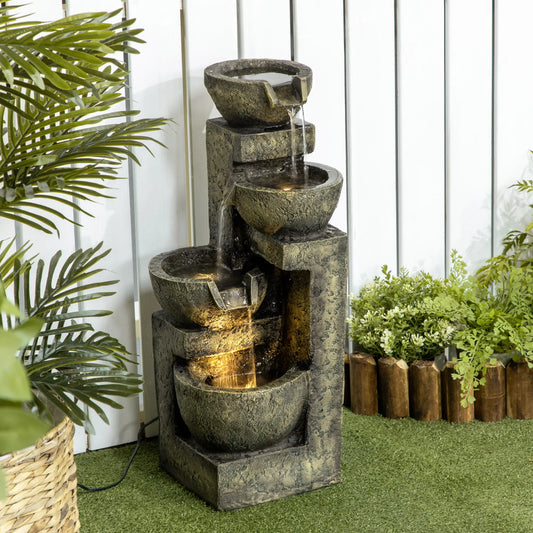 Outdoor Fountain, 4-Tier Stone Look Bowls, Adjustable Flow, LED Lights Water Fountains Black and Yellow at Gallery Canada