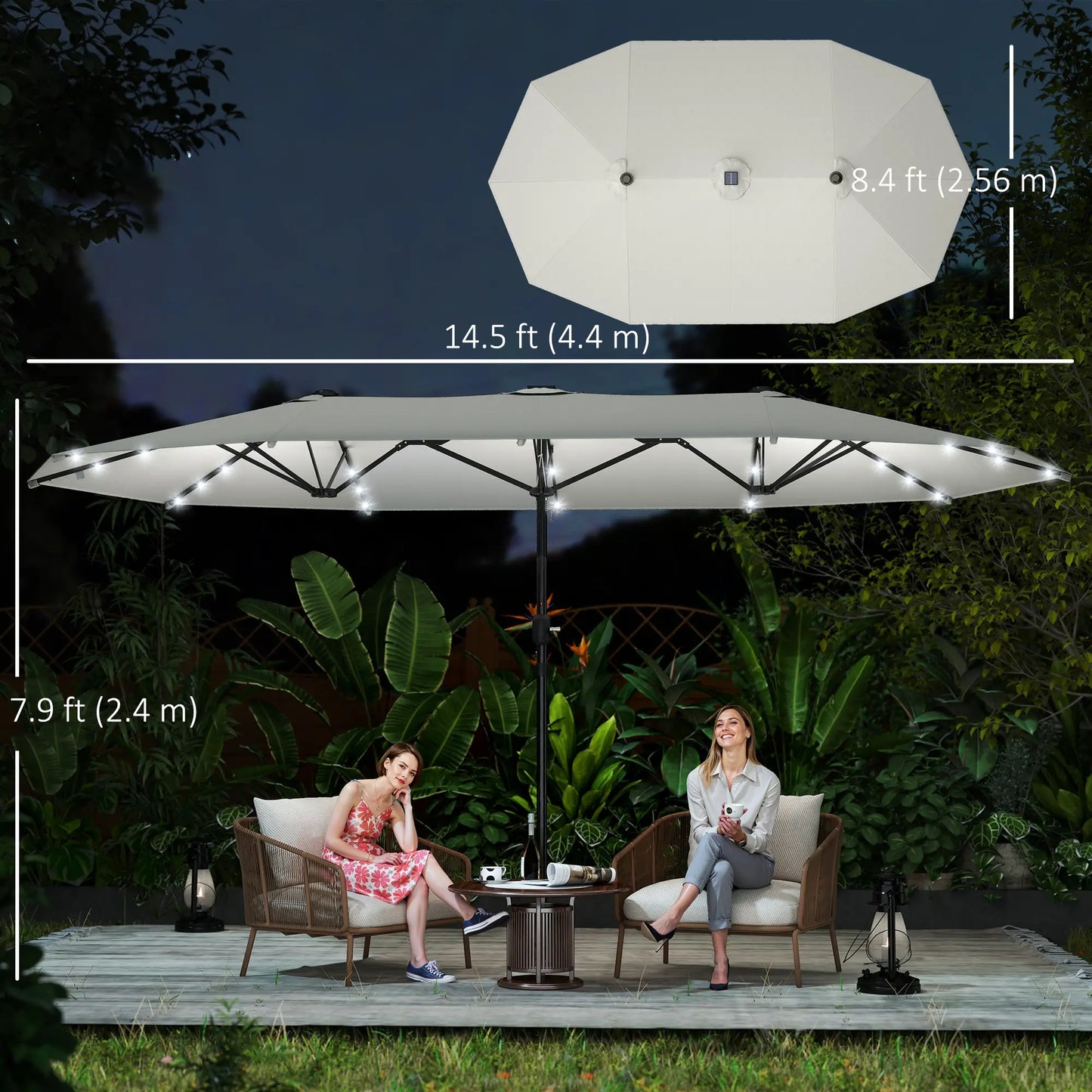 173" Double-Sided Sun Umbrella, Garden Parasol, Solar LED Light, Cream White Double-sided Umbrellas at Gallery Canada