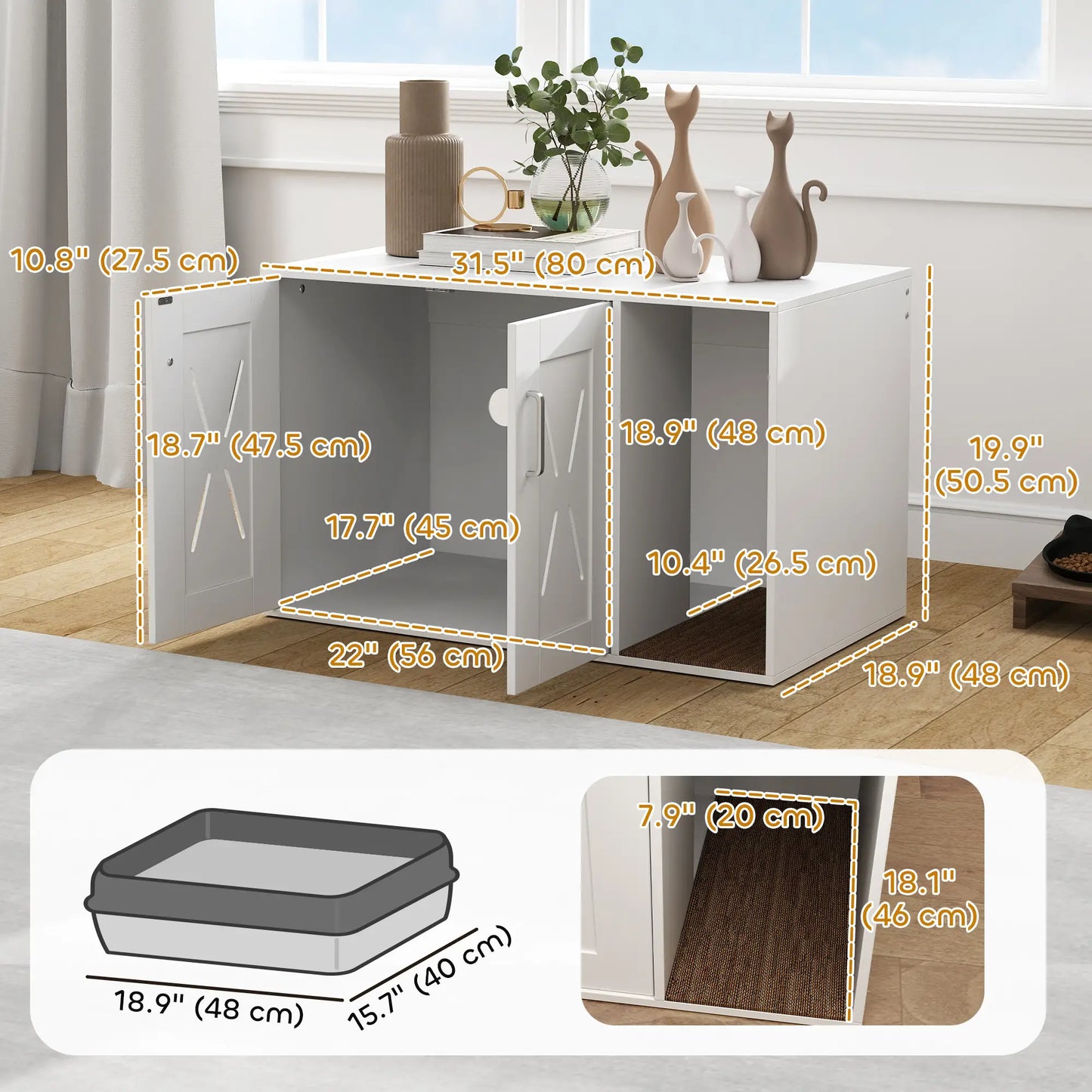 Hidden Cat Litter Box Enclosure with Scratching Board, 31.5" x 19" x 20", White Cat Litter Box Enclosures at Gallery Canada