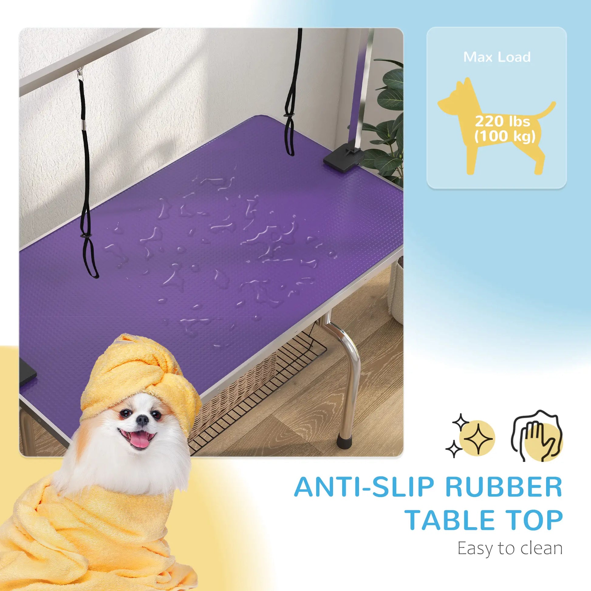 Adjustable Dog Grooming Table, 2 Safety Slings, Storage Basket, Purple Dog Grooming Tables at Gallery Canada