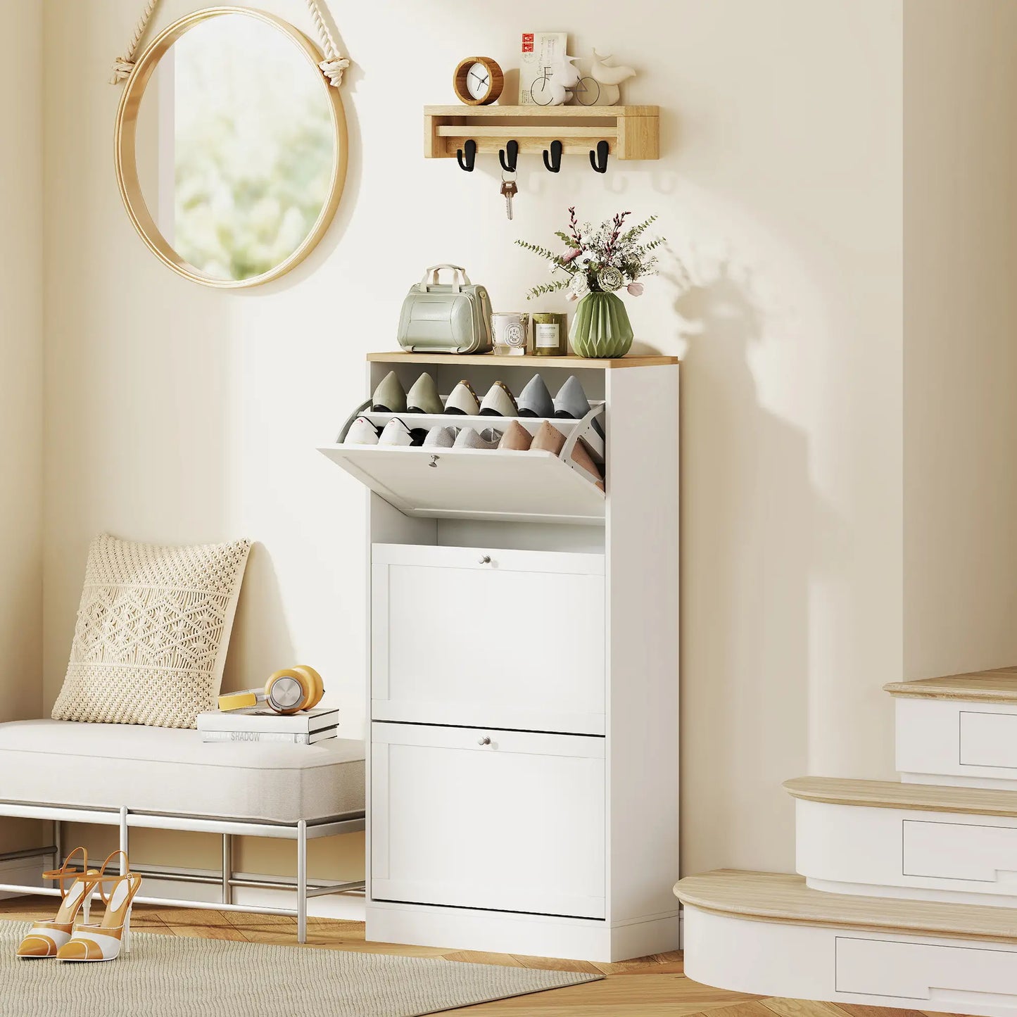 Modern Shoe Storage, 3 Flip Drawers, Adjustable Shelves, 18 Pairs, White Shoe Storage Cabinets & Racks at Gallery Canada
