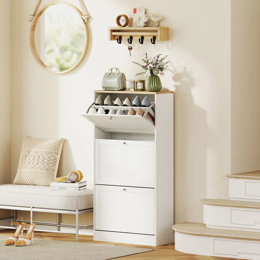 Modern Shoe Storage, 3 Flip Drawers, Adjustable Shelves, 18 Pairs, White Shoe Storage Cabinets & Racks White at Gallery Canada