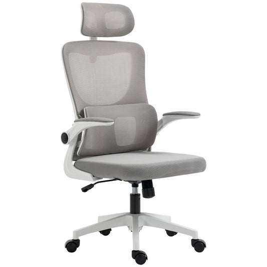 High Back Office Chair, Mesh Computer Desk Chair with Adjustable Headrest, Lumbar Support, Armrest, Adjustable Height, Grey - Gallery Canada