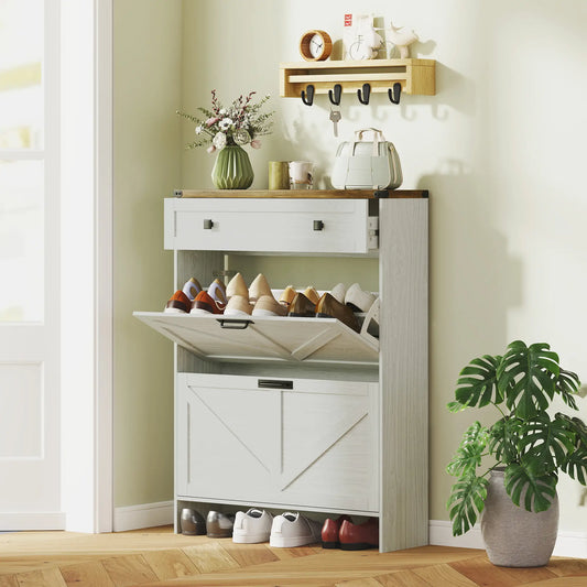 Narrow Shoe Storage Cabinet, 2 Flip Drawers, 1 Drawer, 12 Pairs, White Shoe Storage Cabinets & Racks White Wood Effect, Grey Wood Effect at Gallery Canada