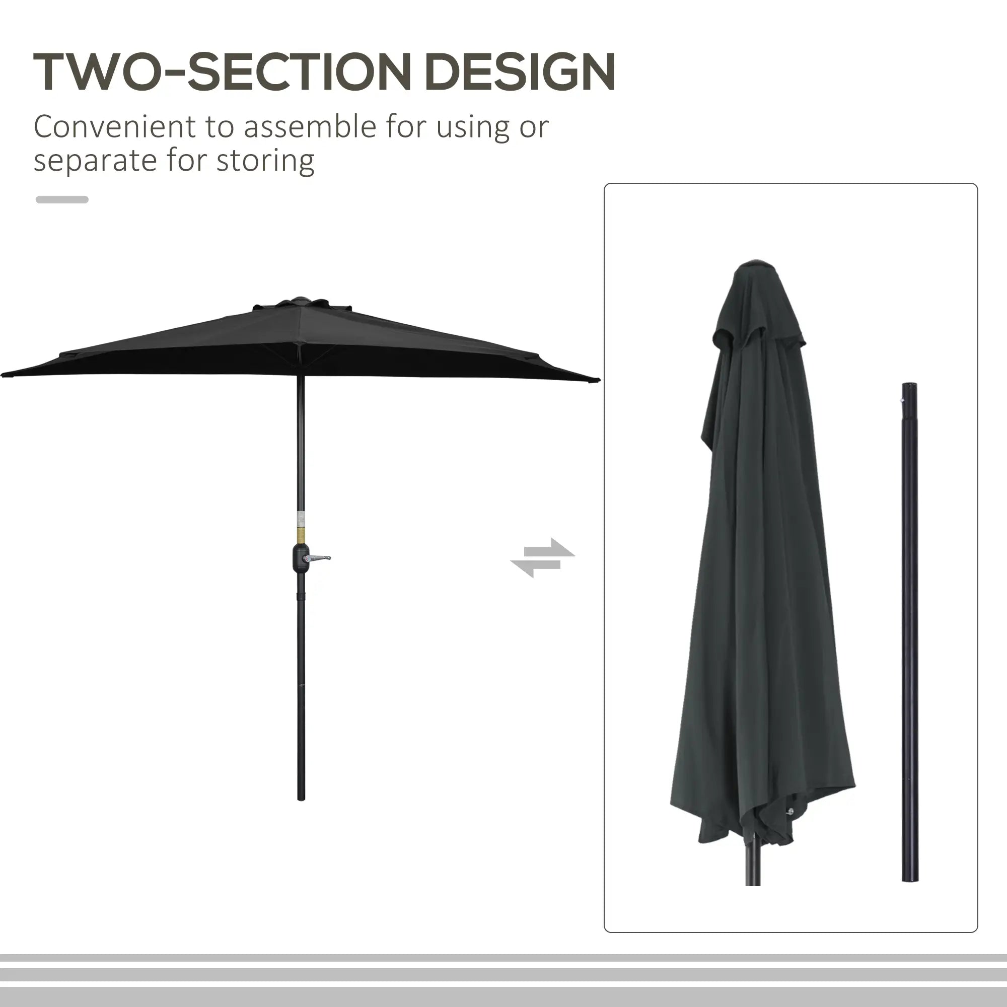 9ft Half Round Outdoor Umbrella, Patio Sun Shade, 5 Ribs, Black Sun Umbrellas at Gallery Canada