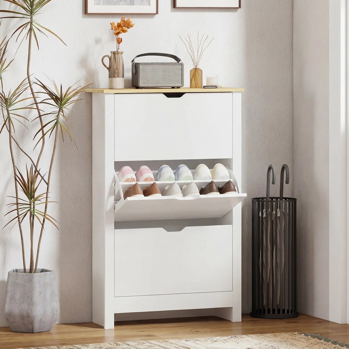 Shoe Storage Cabinet, 3 Flip Drawers, Adjustable Shelves, 9-18 Pairs, White Shoe Storage Cabinets & Racks at Gallery Canada