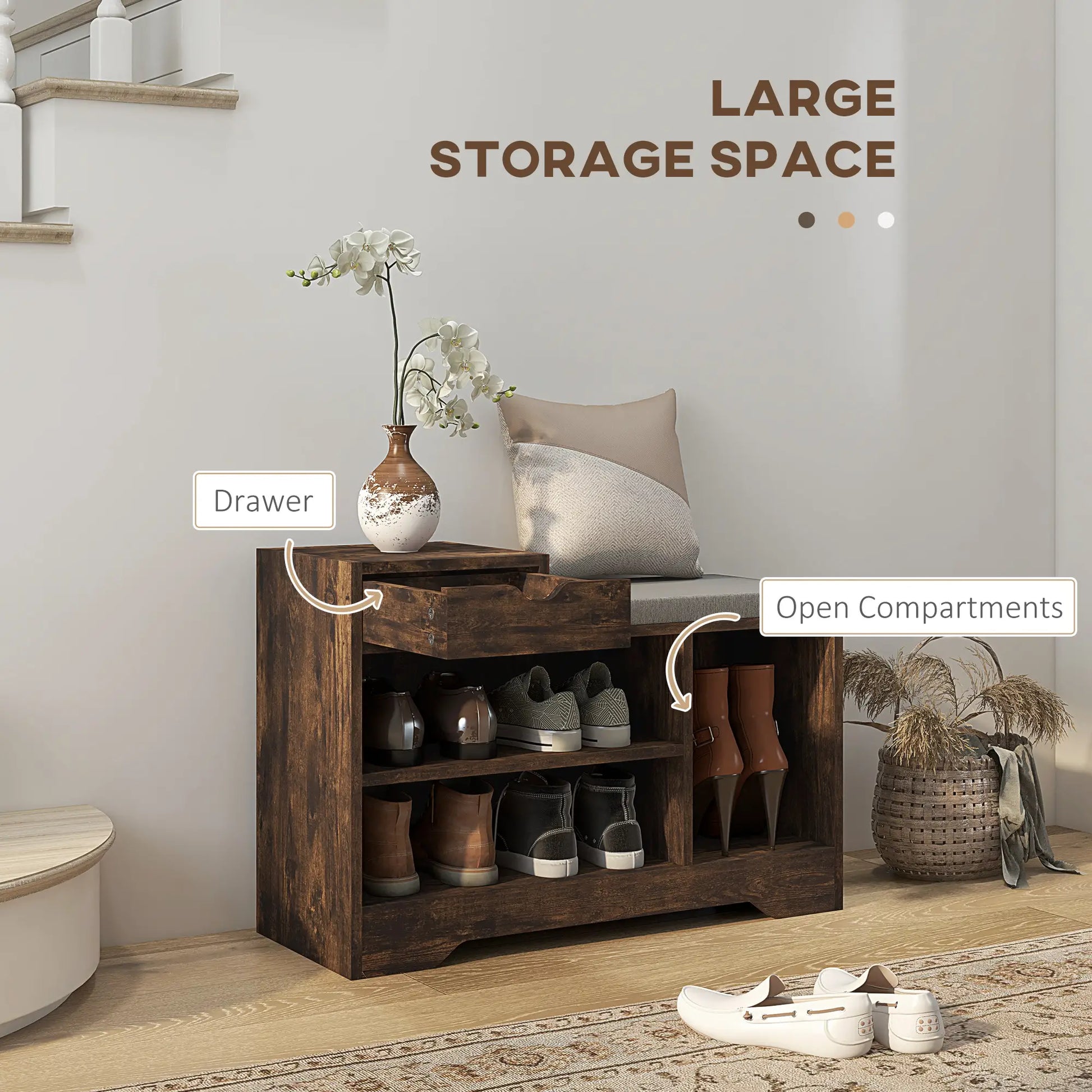 Upholstered Shoe Storage Bench, Seat, Drawer, 3 Shelves, Brown Shoe Storage Cabinets & Racks at Gallery Canada