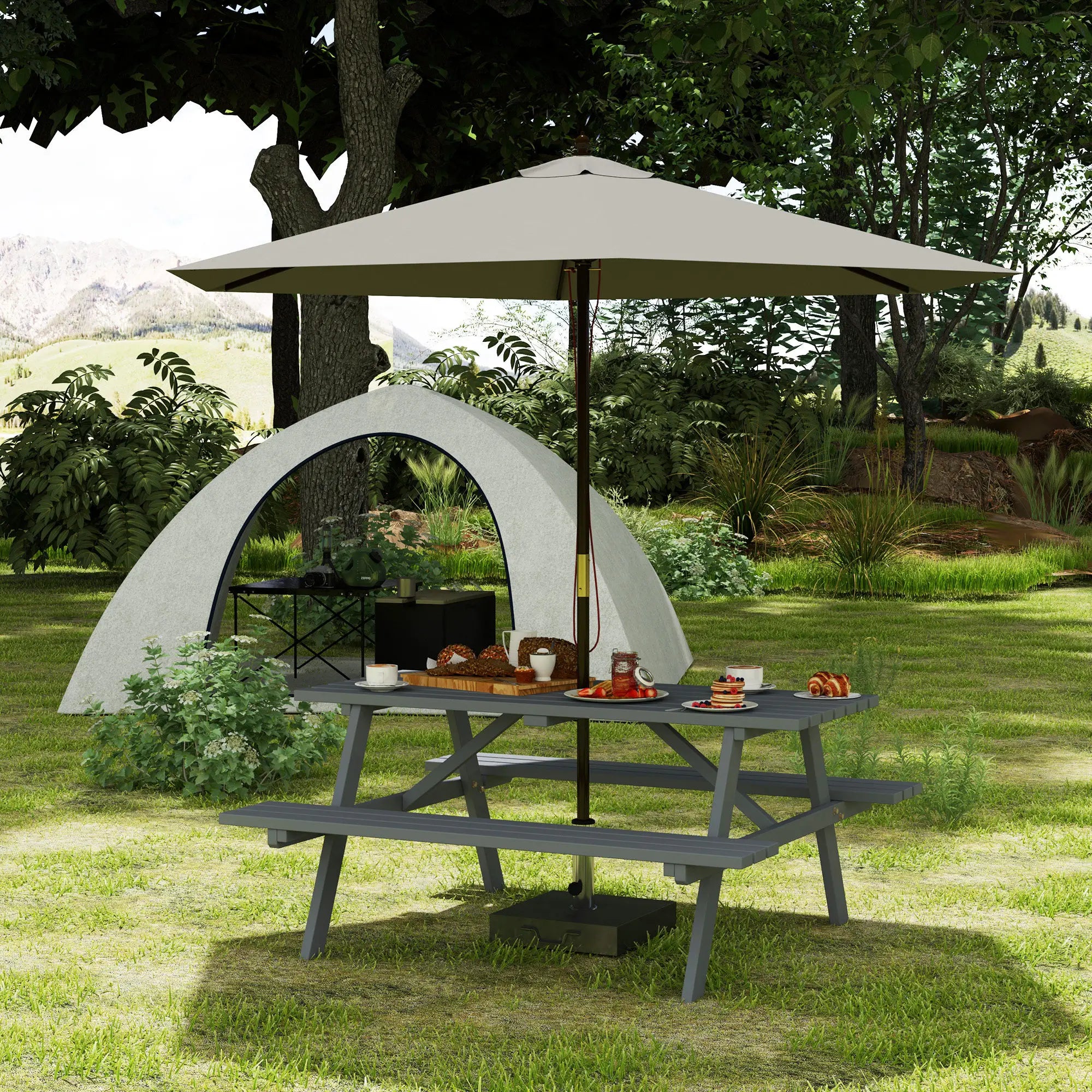 Wood Picnic Table With Umbrella Hole, Camping Table Bench Set, Grey Picnic Tables & Camping Chairs at Gallery Canada