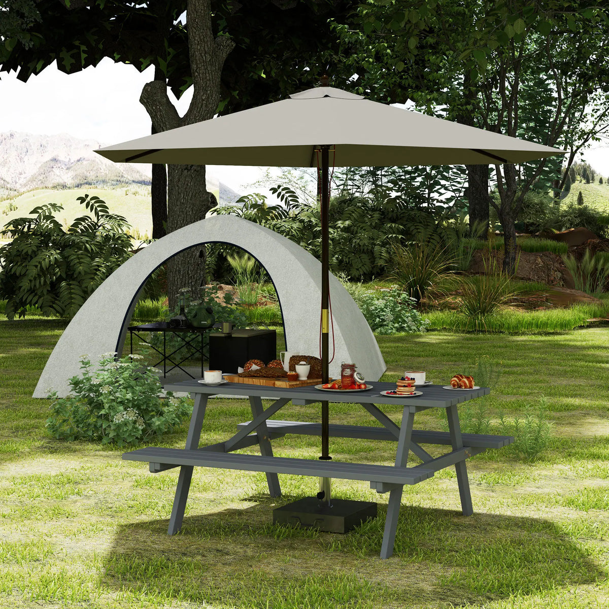Wood Picnic Table With Umbrella Hole, Camping Table Bench Set, Grey Picnic Tables & Camping Chairs at Gallery Canada
