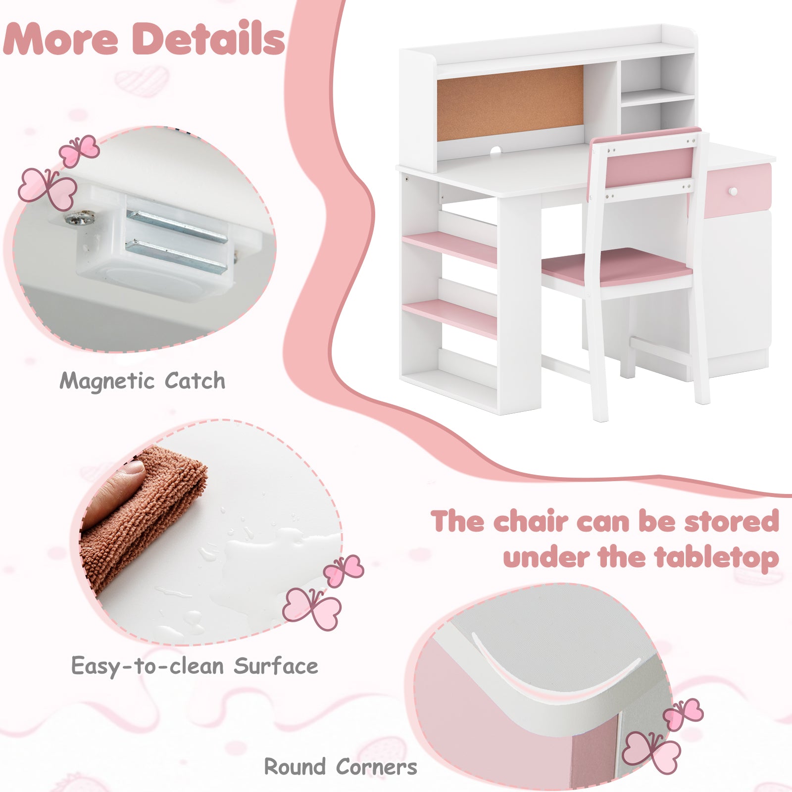 Kids Desk and Chair Set with Hutch and 3-Layer Side Shelf, Pink Kids Table & Chair Sets at Gallery Canada