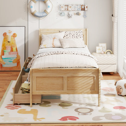 Twin Size Sleigh Bed with 2 Storage Drawers Wood Platform Bed Frame, Natural Simple Bed Frame at Gallery Canada