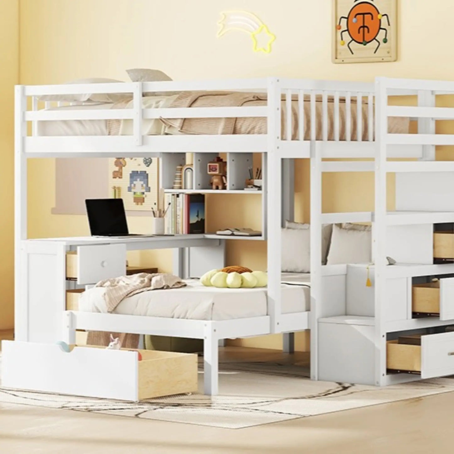 Over Twin Bunk Bed with Desk, Drawers, Shelves, 98" L x 80" W x 64.5" H, White Bed Frames at Gallery Canada