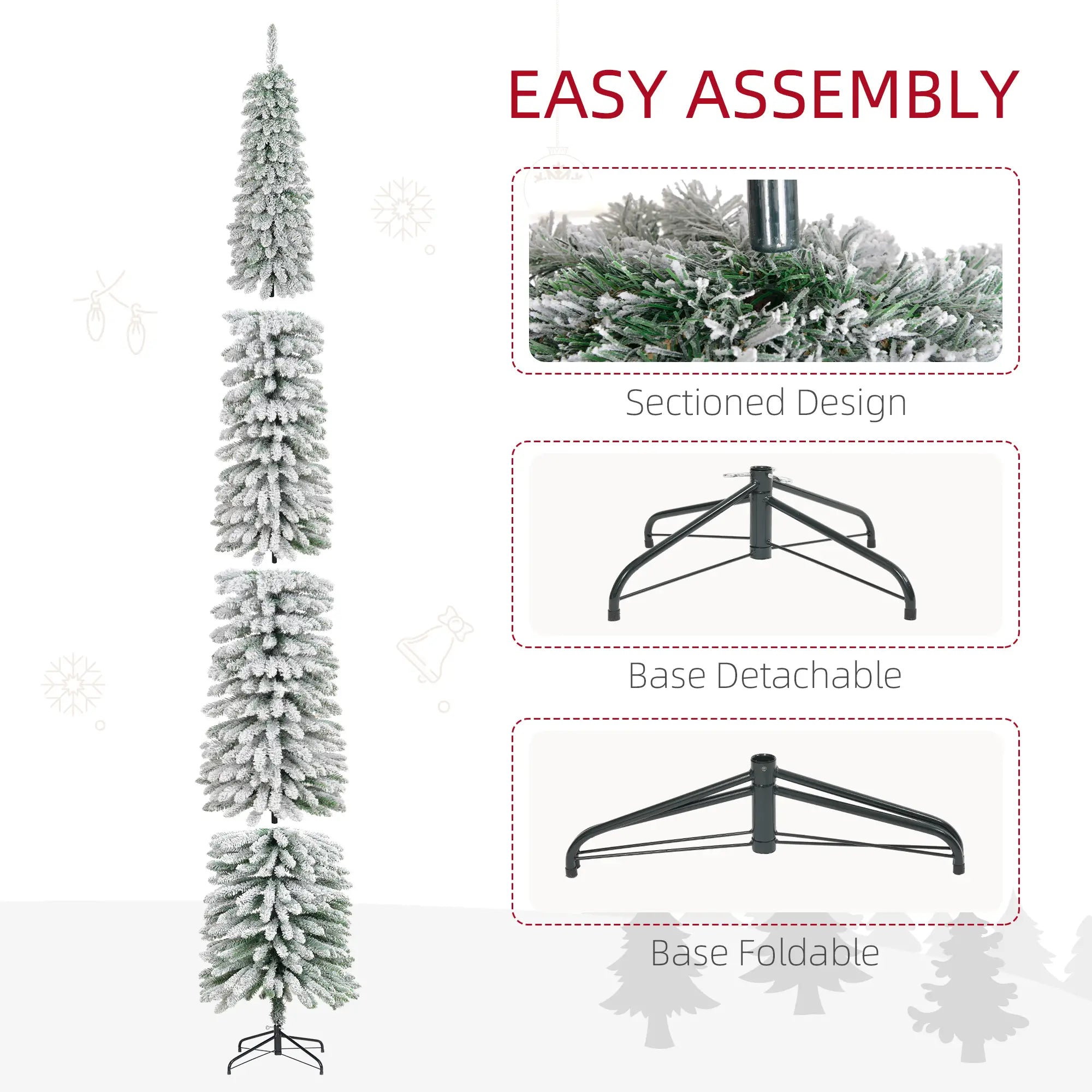 9ft Snow-Flocked Artificial Christmas Tree, Slim Pencil, Metal Base, Green Flocked Christmas Trees at Gallery Canada