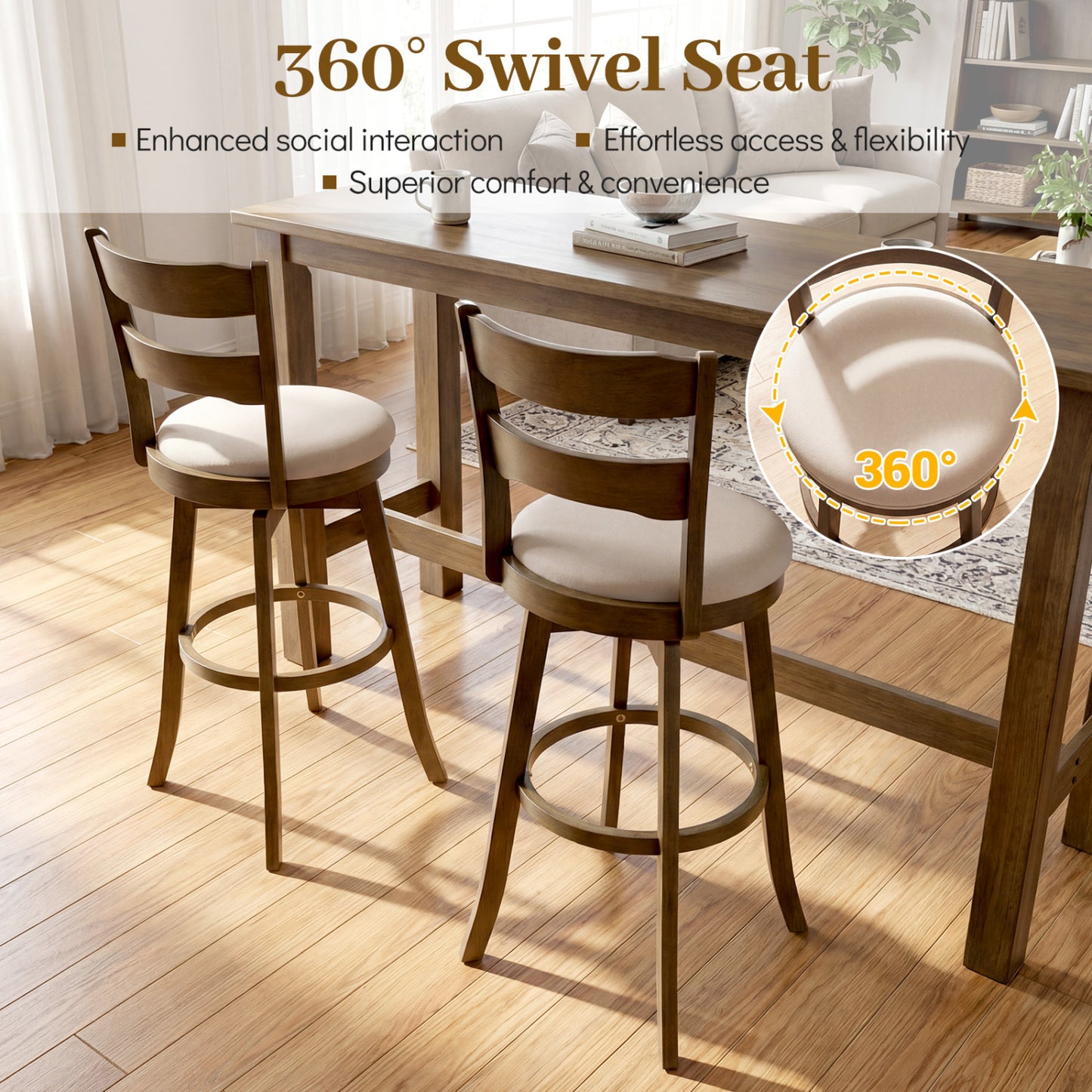30.5 Inch Swivel Barstools with Backrest & Upholstered Seat-Set of 4, Taupe Bar Stools at Gallery Canada