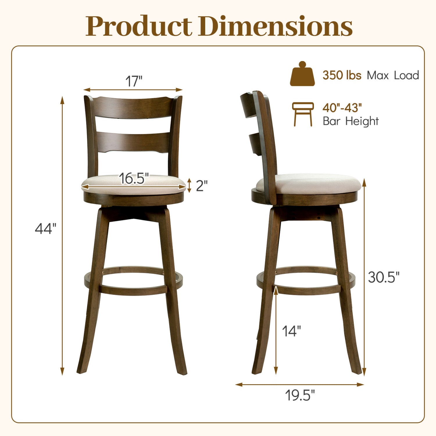 30.5 Inch Swivel Barstools with Backrest & Upholstered Seat-Set of 2, Taupe Bar Stools at Gallery Canada