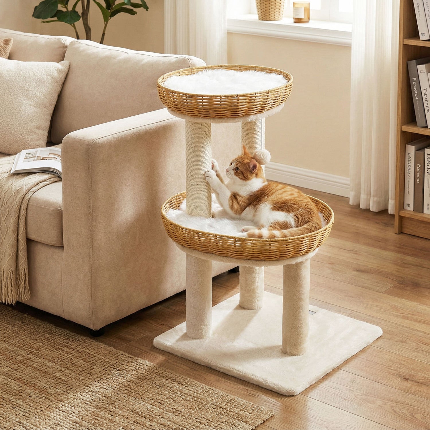 30-Inch Cat Tower With 2 Rattan Cat Baskets, Beige Cat Trees Condos & Scratchers at Gallery Canada