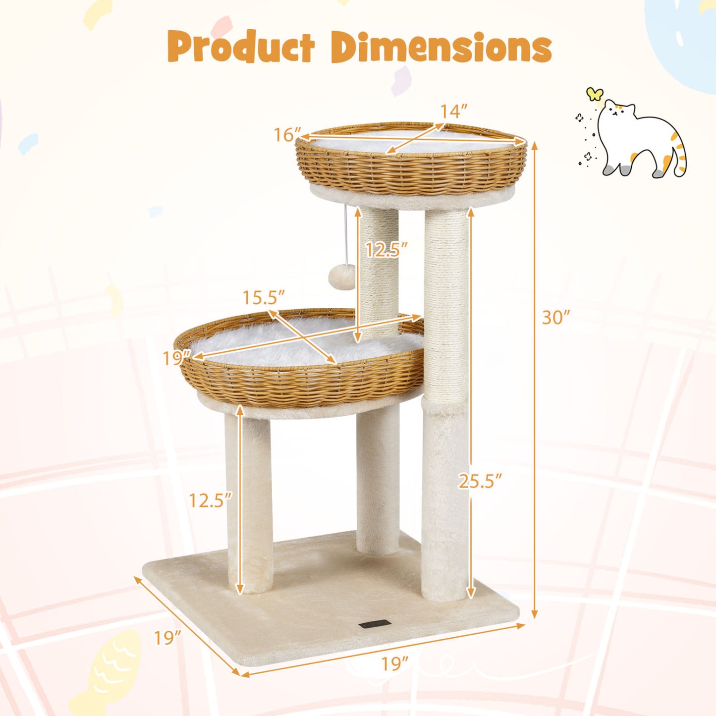 30-Inch Cat Tower With 2 Rattan Cat Baskets, Beige Cat Trees Condos & Scratchers at Gallery Canada
