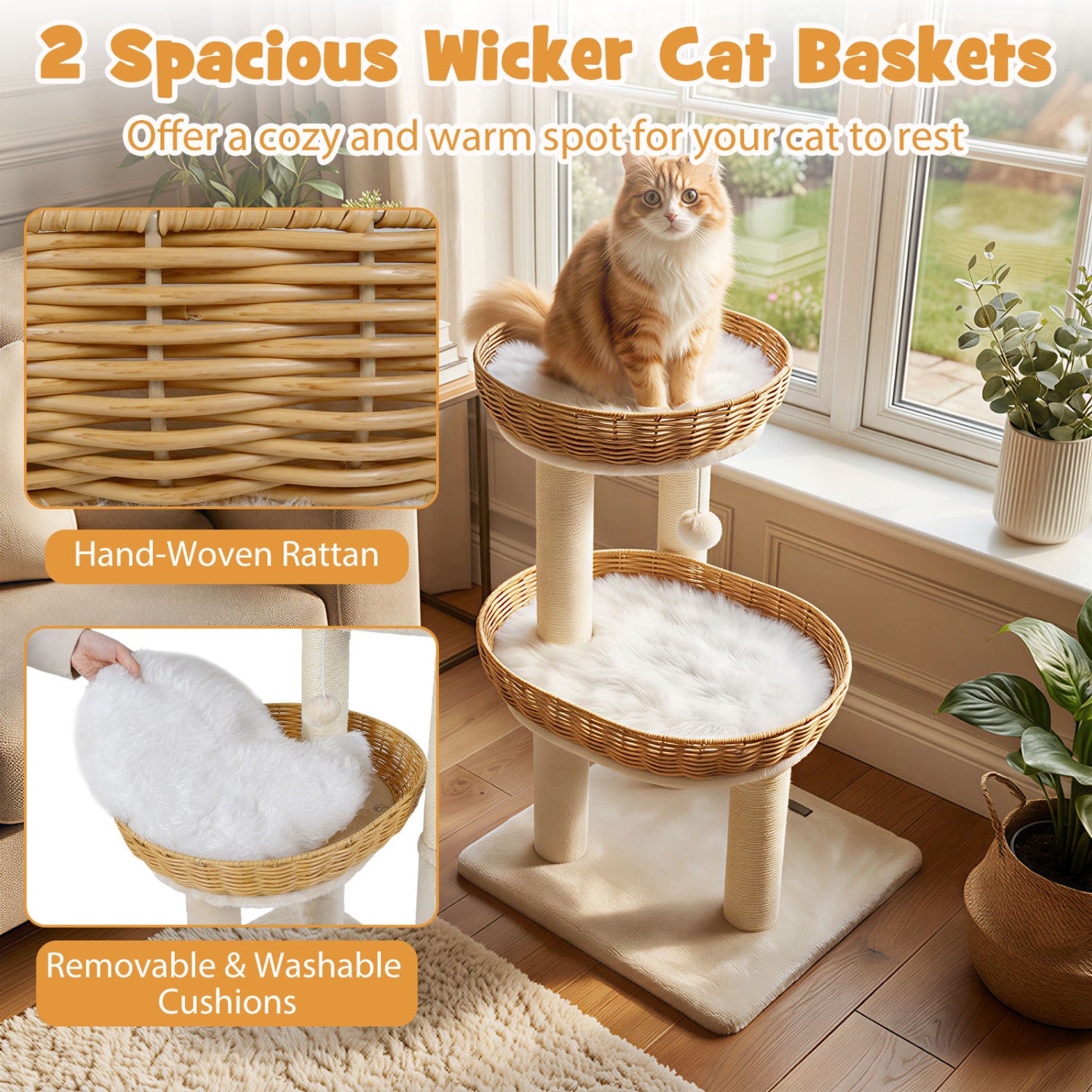 30-Inch Cat Tower With 2 Rattan Cat Baskets, Beige Cat Trees Condos & Scratchers at Gallery Canada