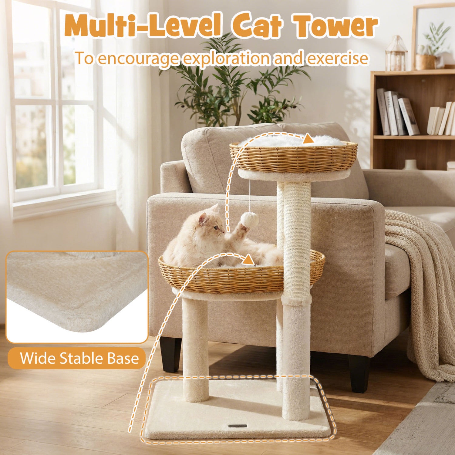 30-Inch Cat Tower With 2 Rattan Cat Baskets, Beige Cat Trees Condos & Scratchers at Gallery Canada