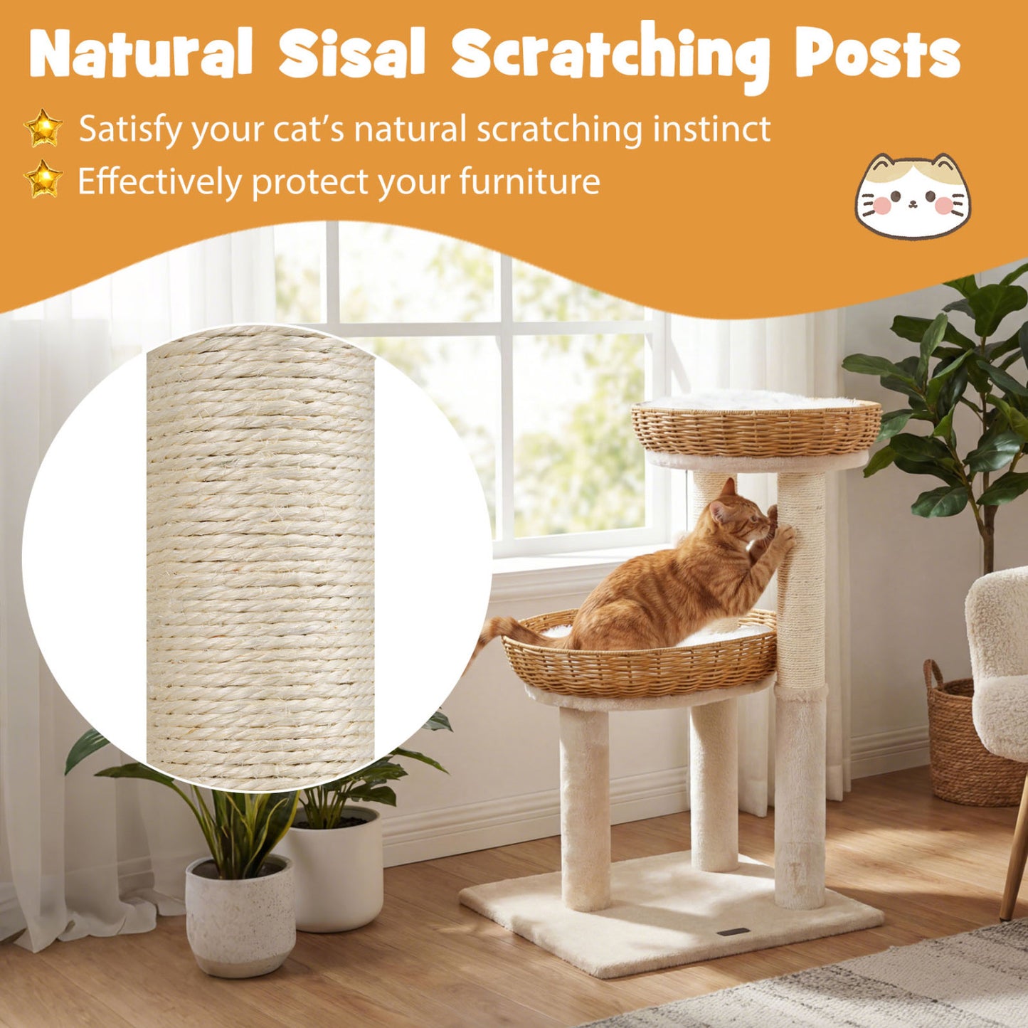 30-Inch Cat Tower With 2 Rattan Cat Baskets, Beige Cat Trees Condos & Scratchers at Gallery Canada