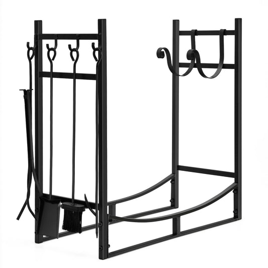 30 Inch Firewood Rack With 4 Tool Set, Kindling Holders, Black Log Storage Black at Gallery Canada