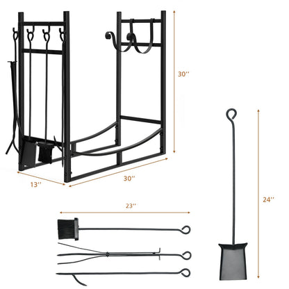 30 Inch Firewood Rack With 4 Tool Set, Kindling Holders, Black Log Storage at Gallery Canada