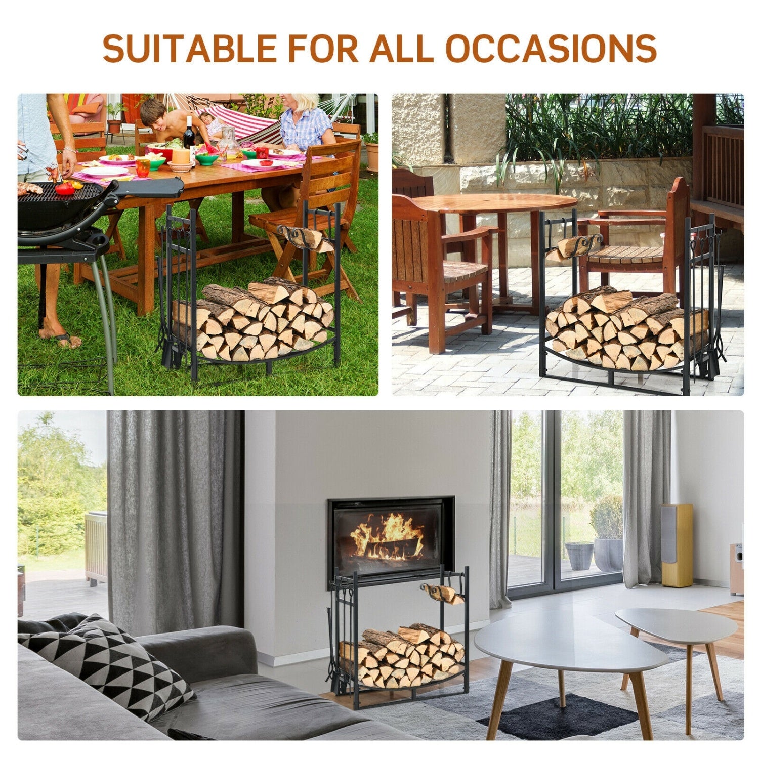 30 Inch Firewood Rack With 4 Tool Set, Kindling Holders, Black Log Storage at Gallery Canada