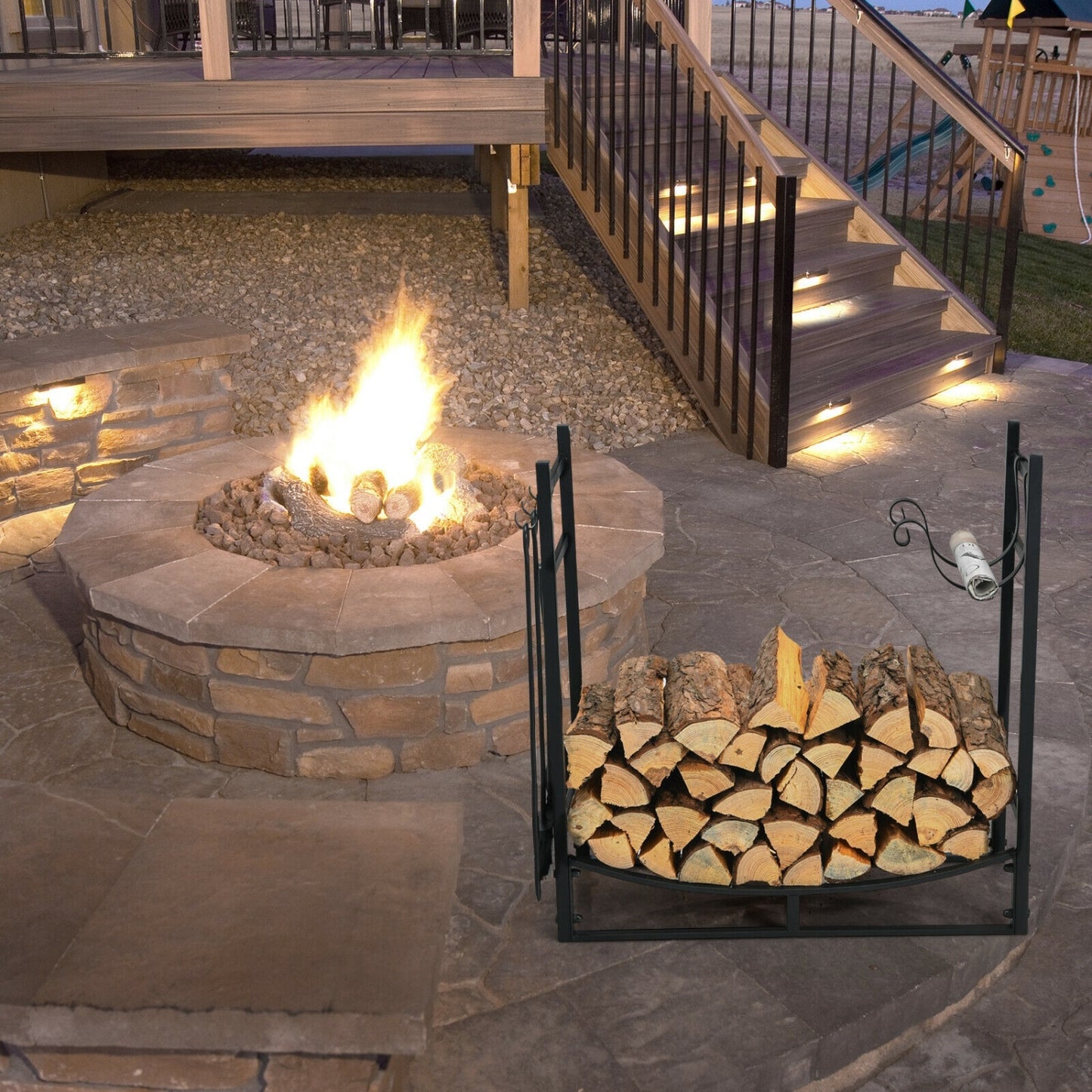 30 Inch Firewood Rack With 4 Tool Set, Kindling Holders, Black Log Storage at Gallery Canada