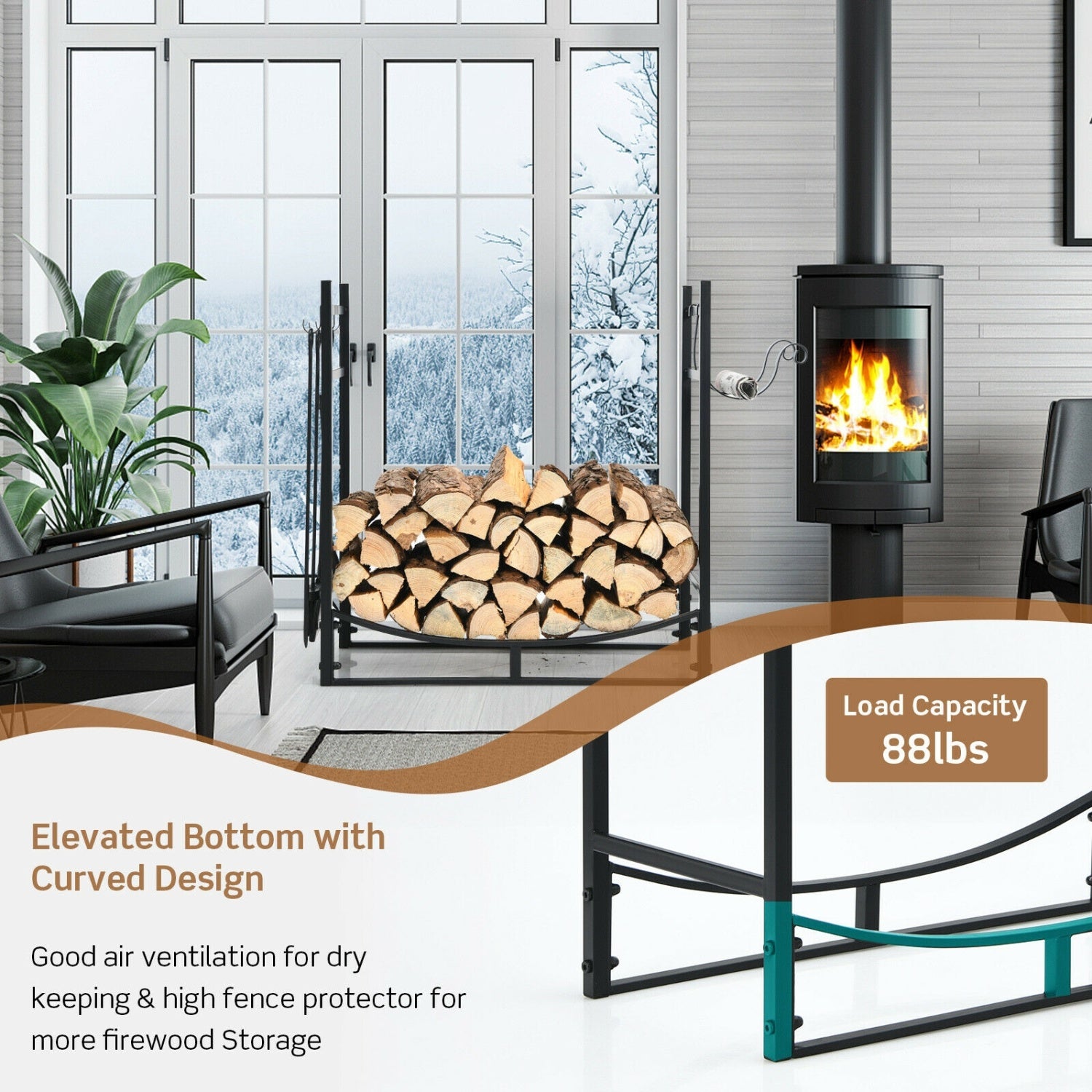 30 Inch Firewood Rack With 4 Tool Set, Kindling Holders, Black Log Storage at Gallery Canada