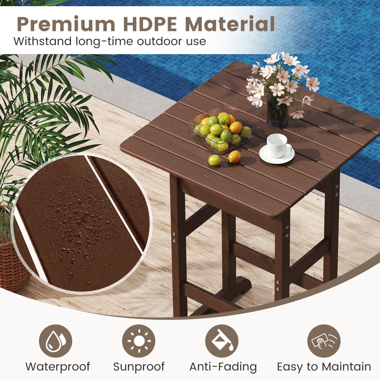 30 Inch Square Bar Table, Slatted Tabletop, Brown Patio Dining Tables at Gallery Canada