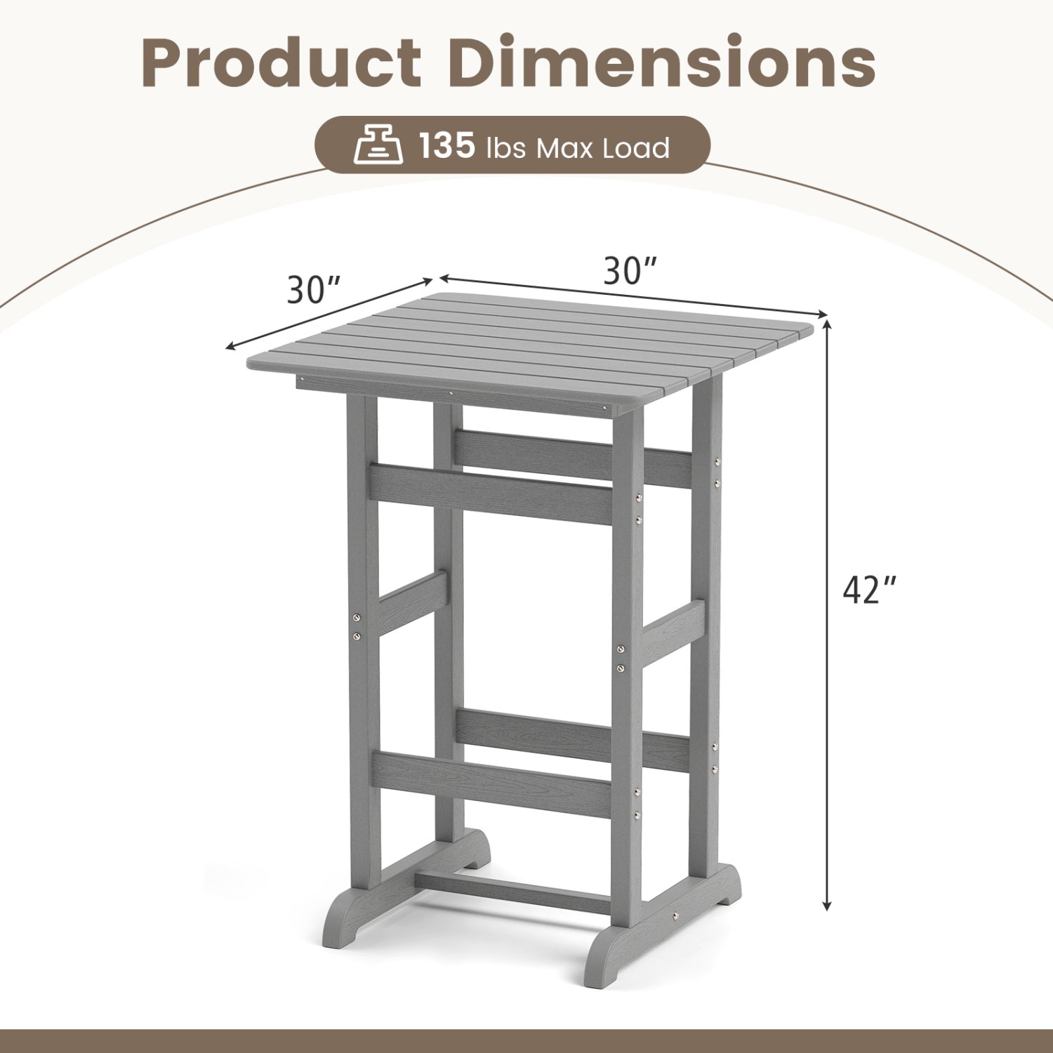 30 Inch Square Bar Table, Slatted Tabletop, Gray Patio Dining Tables at Gallery Canada
