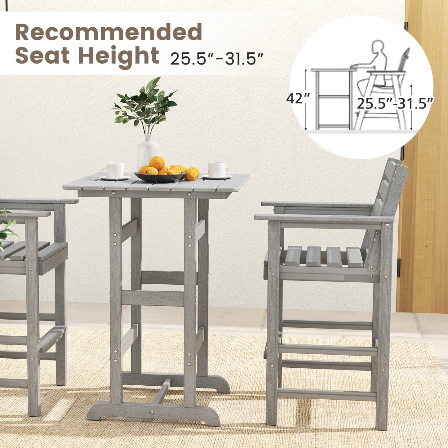 30 Inch Square Bar Table, Slatted Tabletop, Gray Patio Dining Tables at Gallery Canada