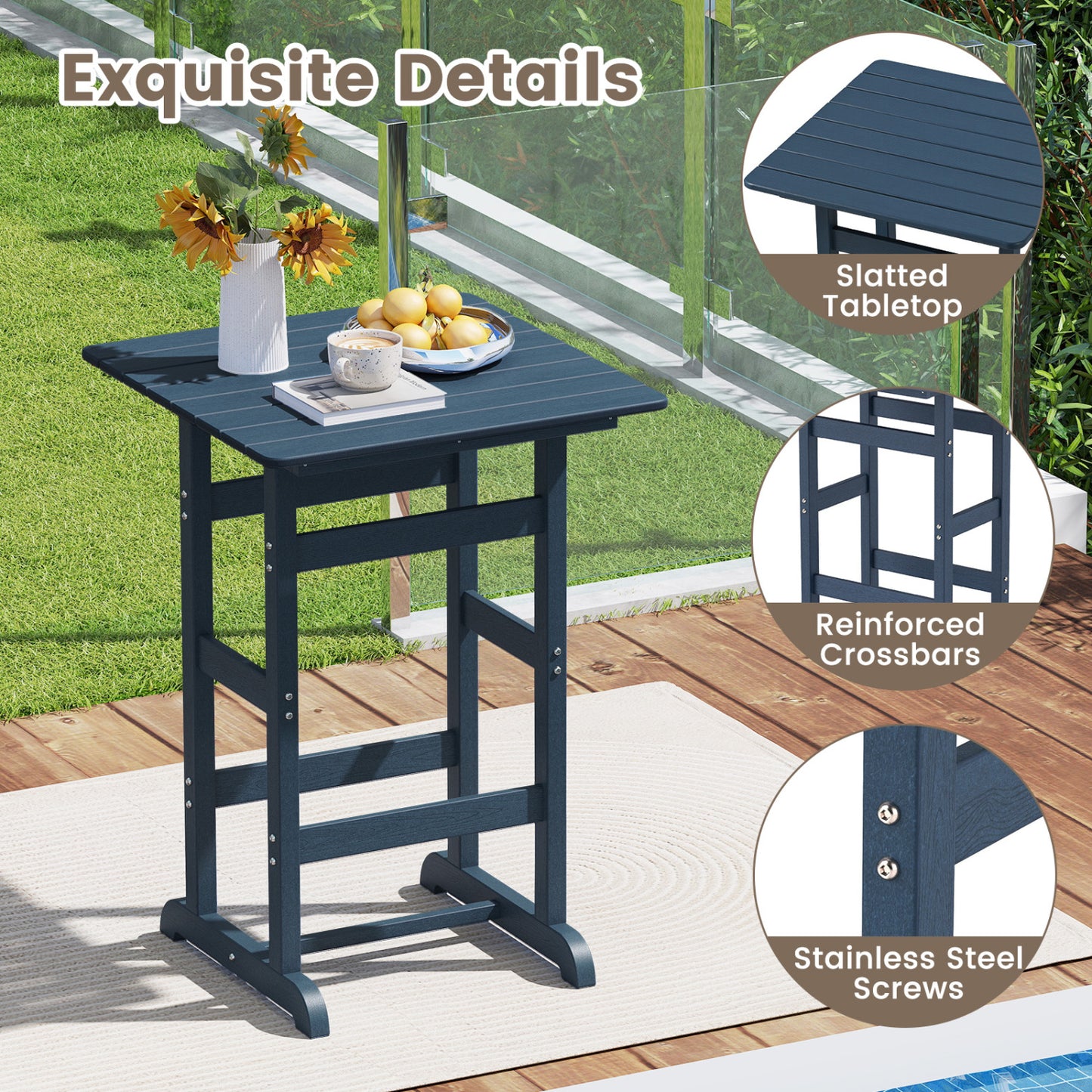 30 Inch Square Bar Table, Slatted Tabletop, Navy Patio Dining Tables at Gallery Canada