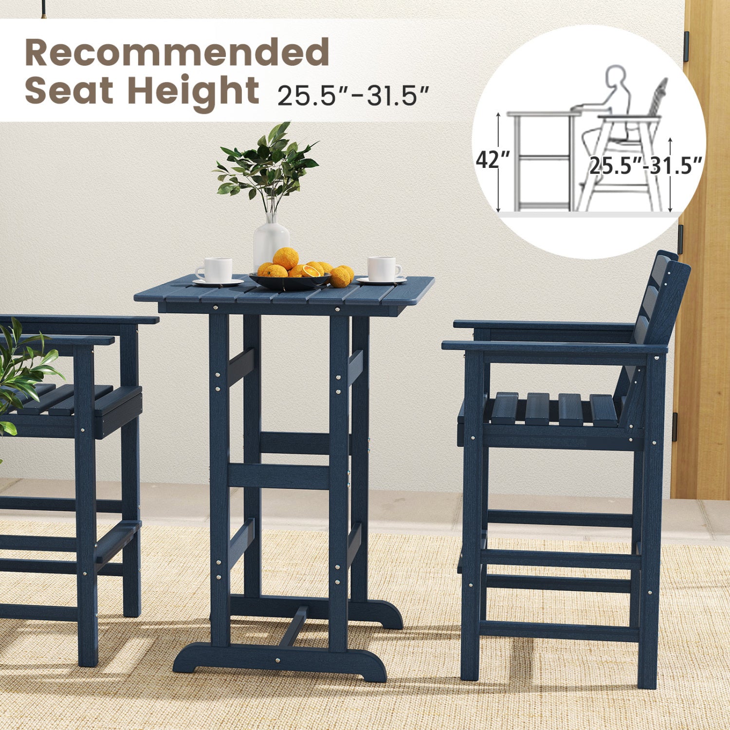 30 Inch Square Bar Table, Slatted Tabletop, Navy Patio Dining Tables at Gallery Canada
