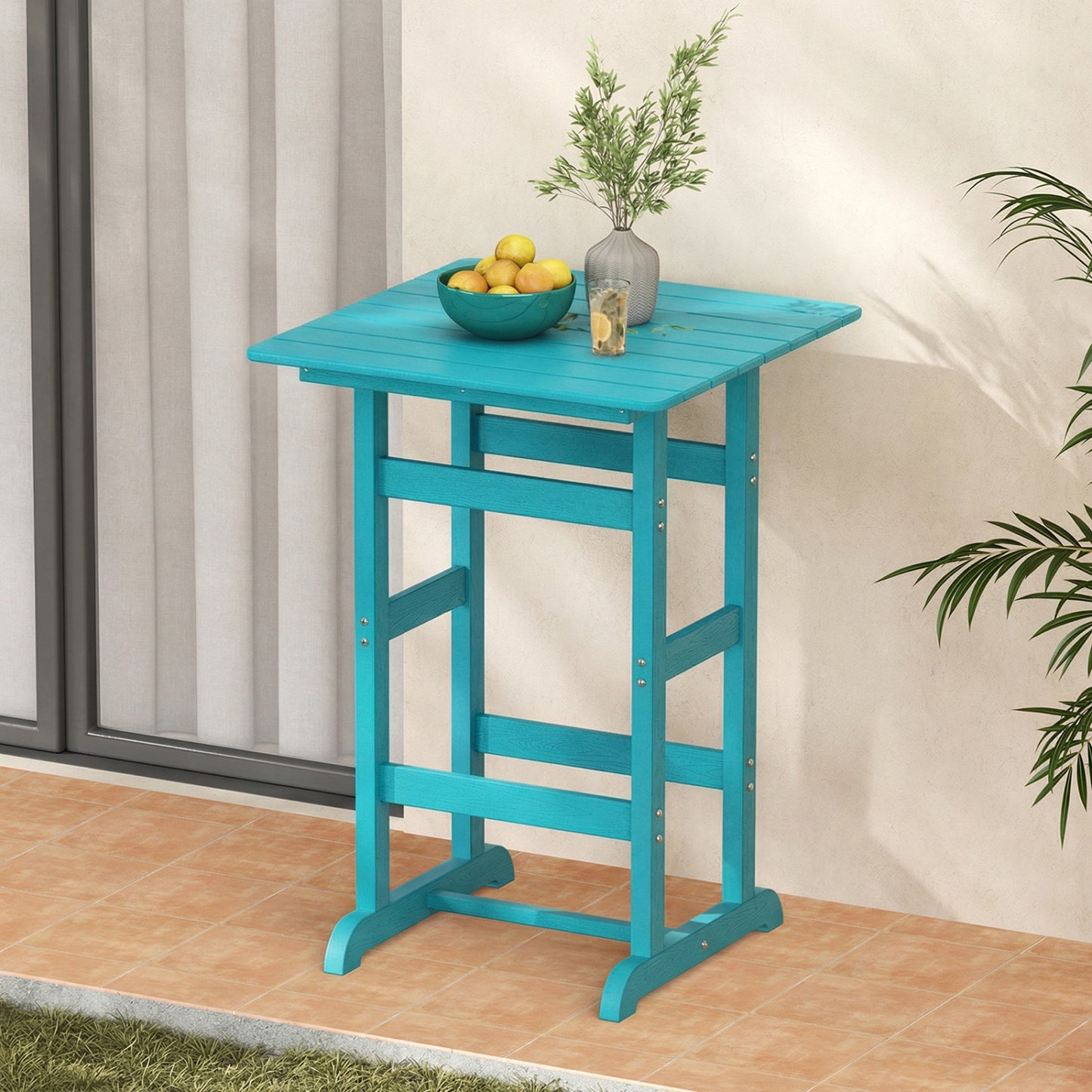 30 Inch Square Bar Table, Slatted Tabletop, Turquoise Patio Bar Furniture at Gallery Canada