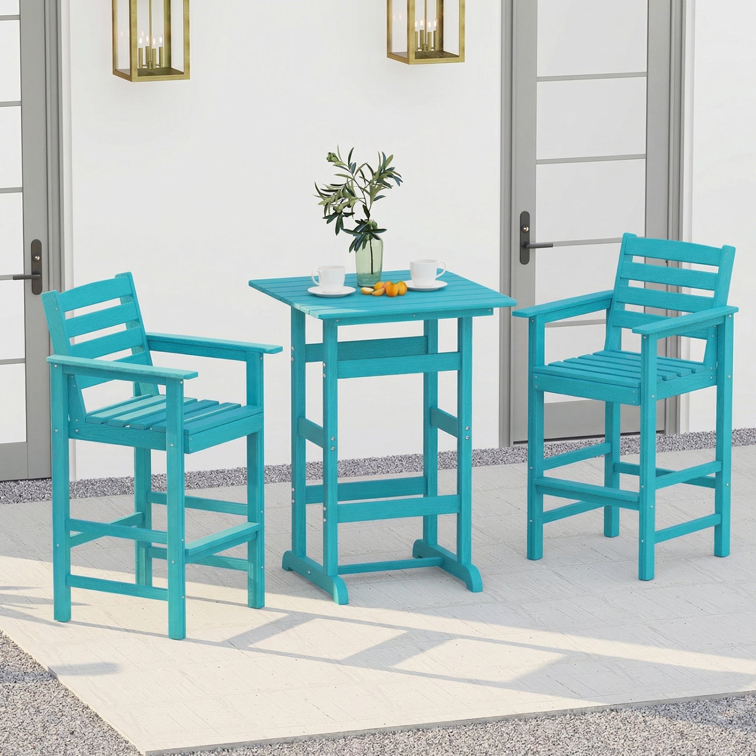 30 Inch Square Bar Table, Slatted Tabletop, Turquoise Patio Bar Furniture at Gallery Canada