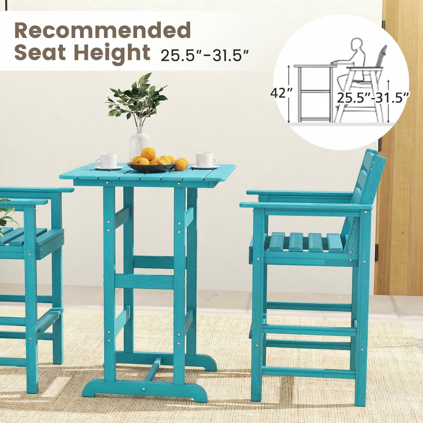 30 Inch Square Bar Table, Slatted Tabletop, Turquoise Patio Bar Furniture at Gallery Canada