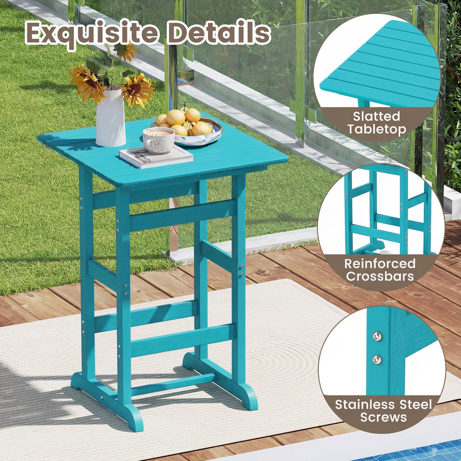 30 Inch Square Bar Table, Slatted Tabletop, Turquoise Patio Bar Furniture at Gallery Canada