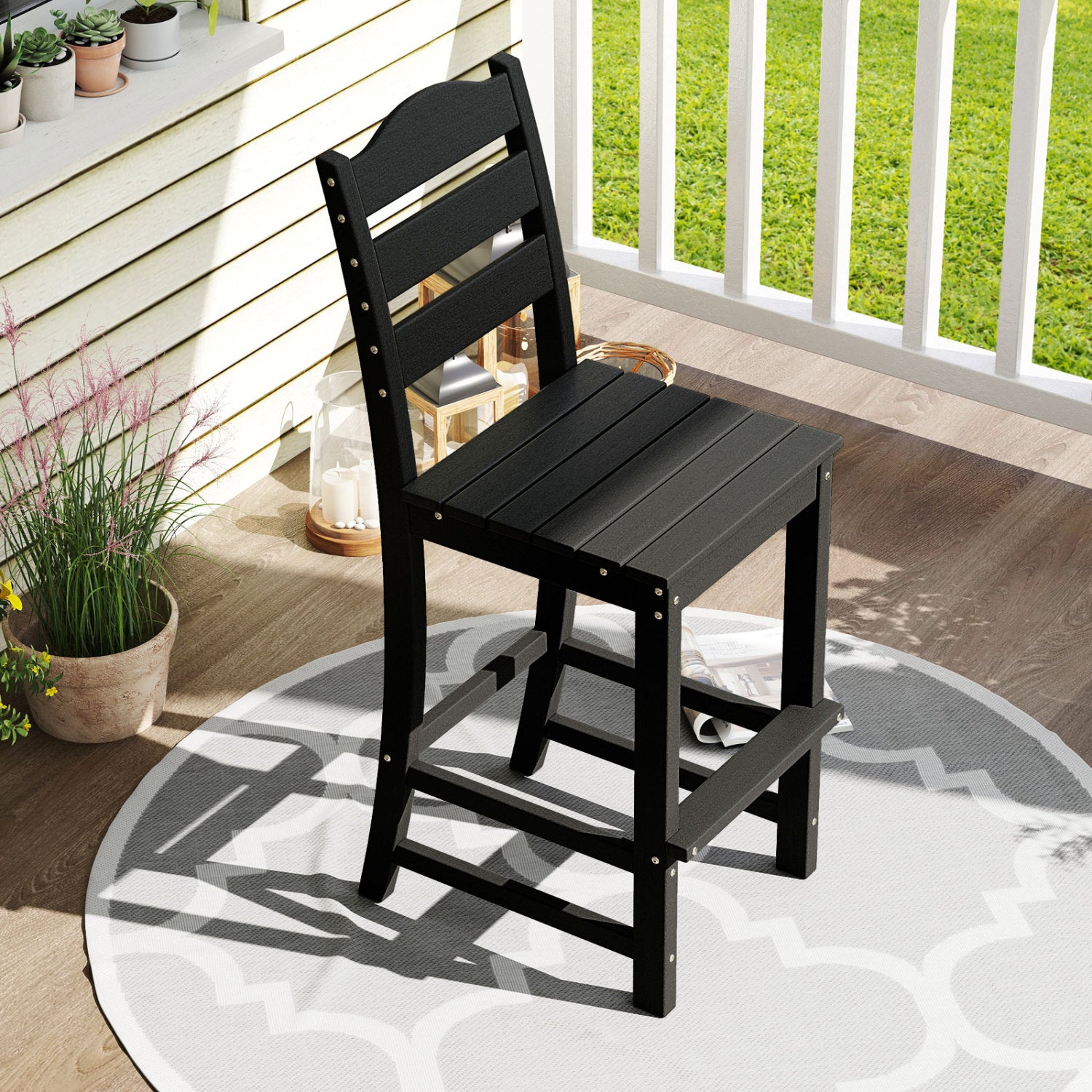 30 Inches HDPE Bar Stool With Backrest, Footrest, Black Patio Bar Furniture at Gallery Canada
