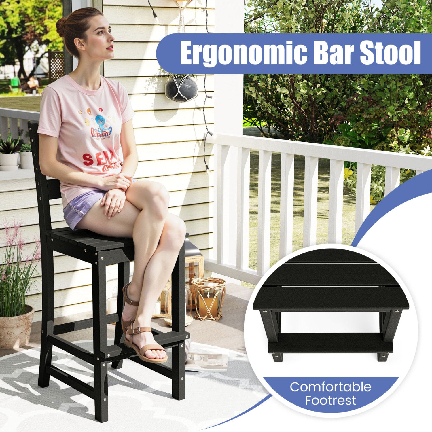 30 Inches HDPE Bar Stool With Backrest, Footrest, Black Patio Bar Furniture at Gallery Canada