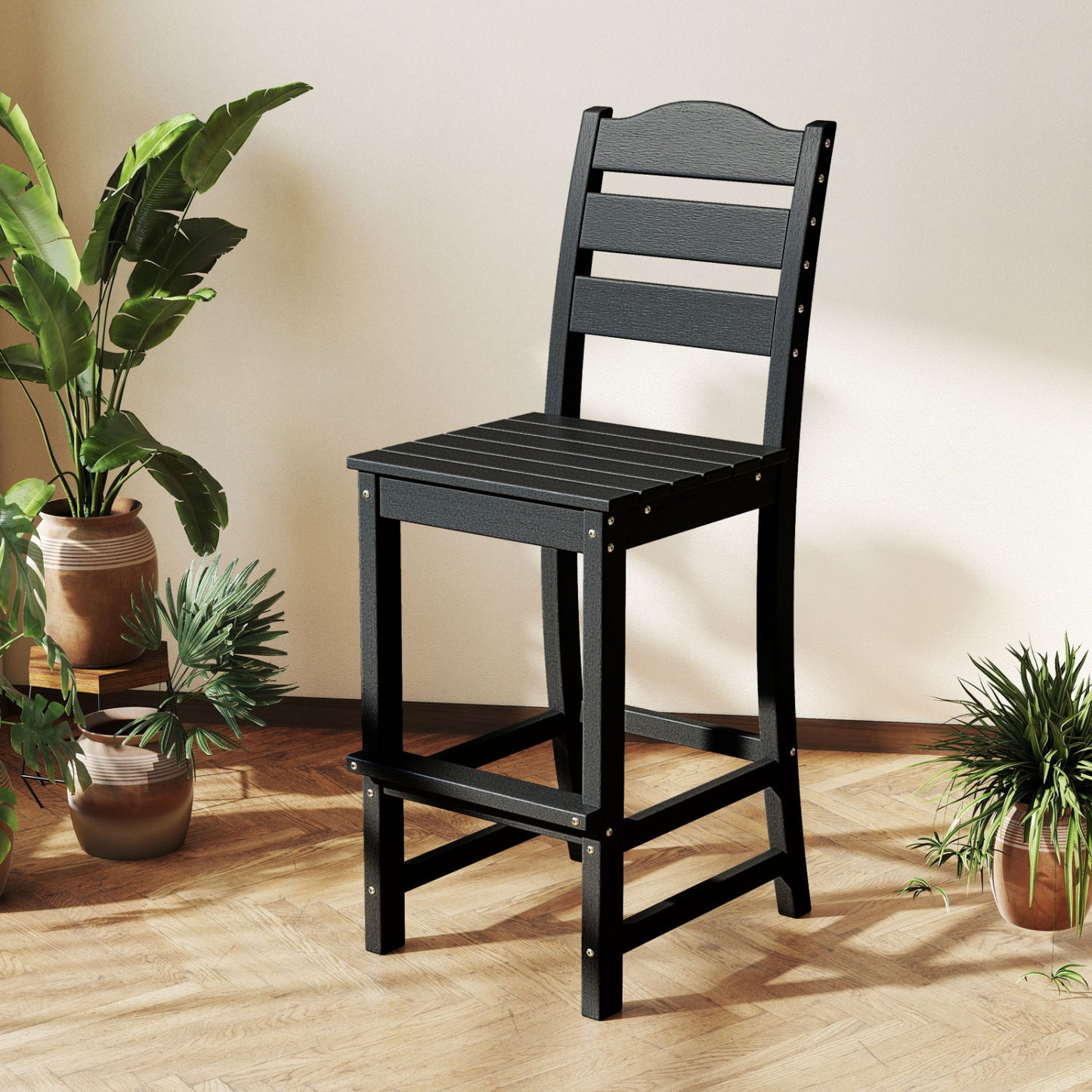 30 Inches HDPE Bar Stool With Backrest, Footrest, Black Patio Bar Furniture at Gallery Canada