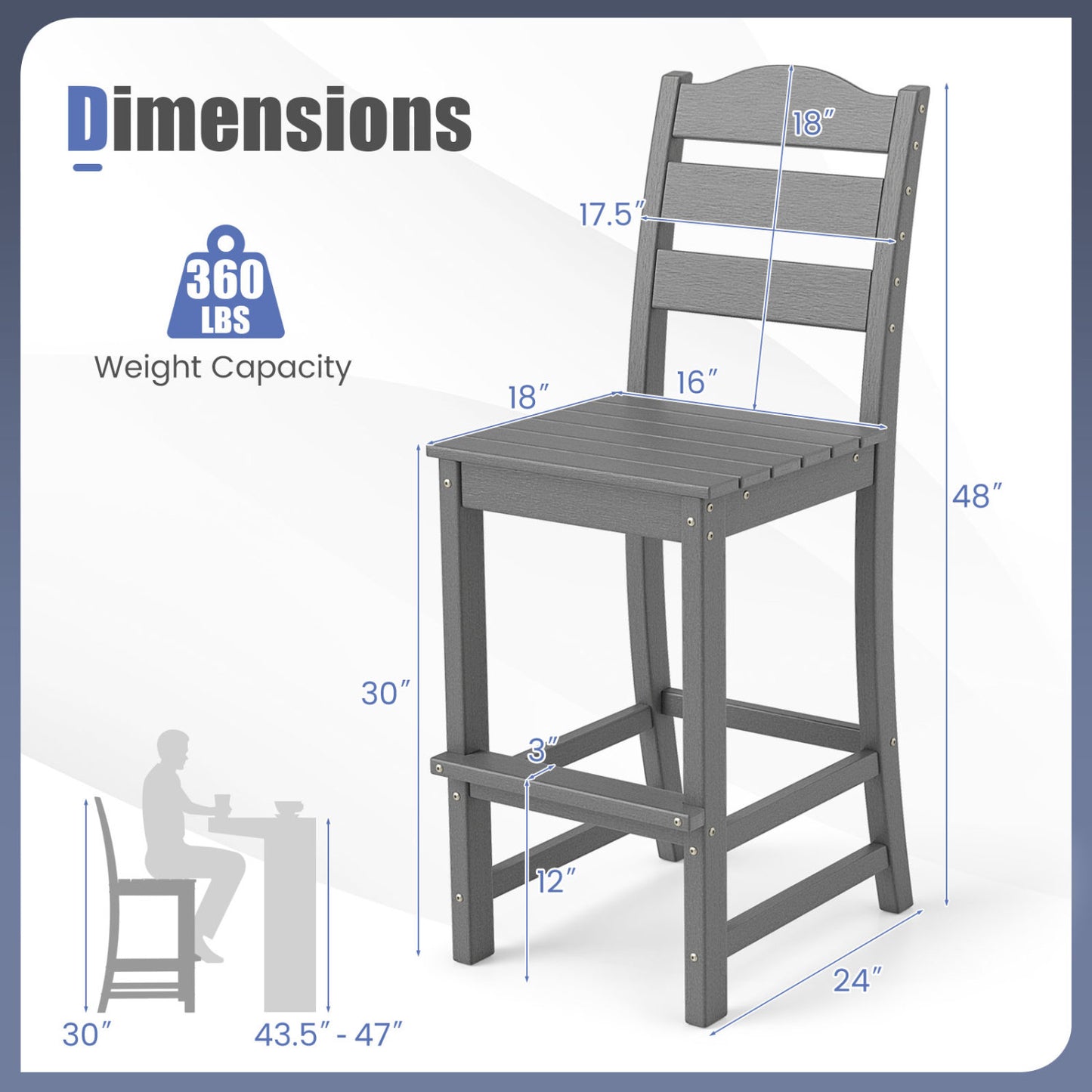30 Inches Counter Height Bar Stool, With Backrest and Footrest, Gray Patio Bar Furniture at Gallery Canada