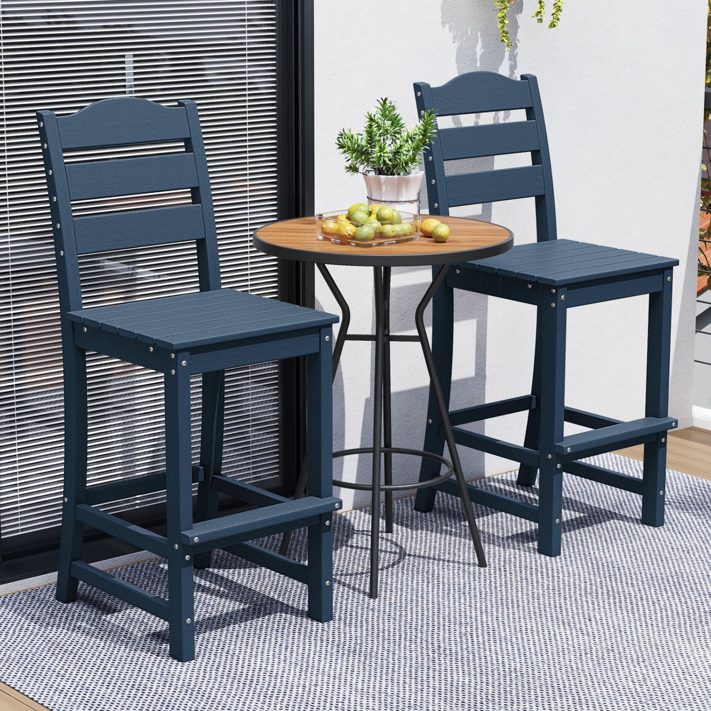 30 Inch Counter Height HDPE Bar Stool, With Backrest And Footrest, Navy