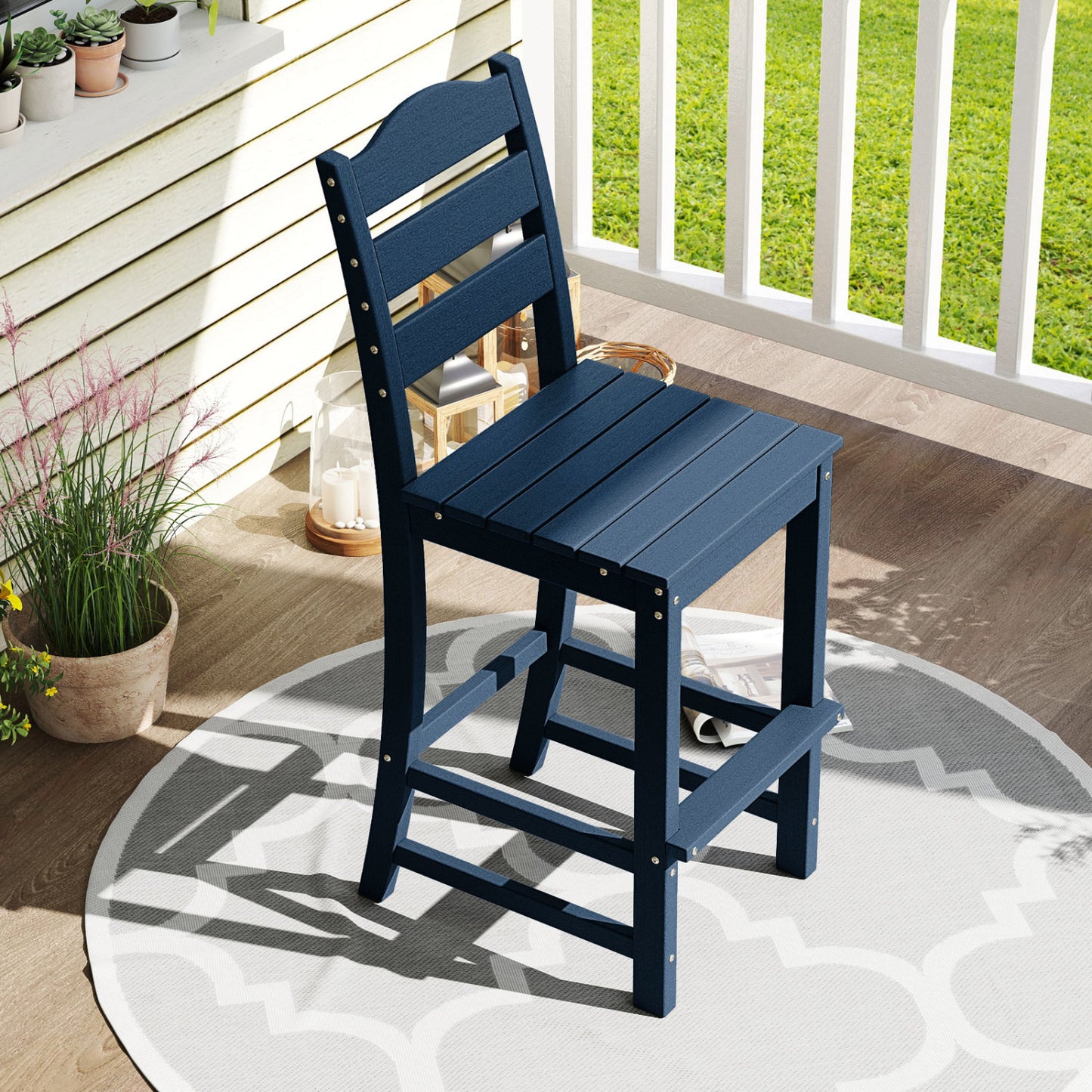 30 Inch Counter Height HDPE Bar Stool, With Backrest And Footrest, Navy