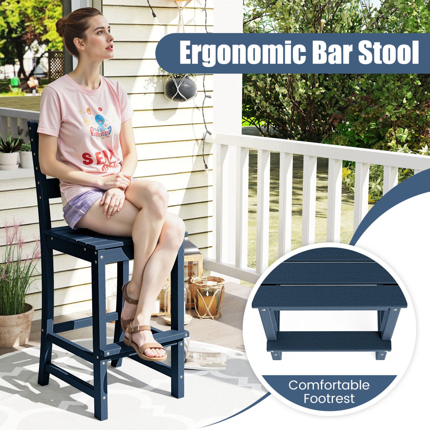 30 Inch Counter Height HDPE Bar Stool, With Backrest And Footrest, Navy