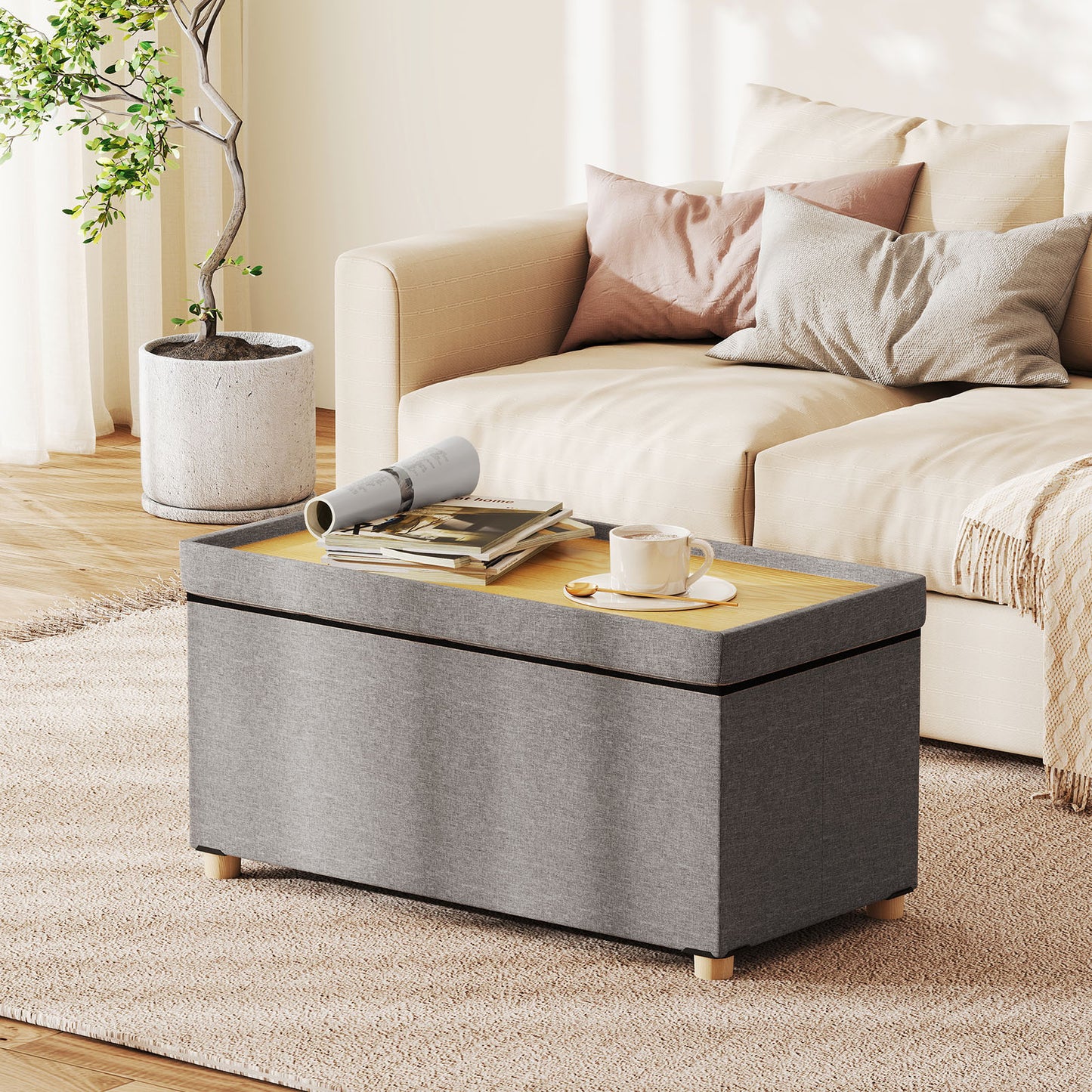 30 Inches Storage Ottoman Bench with Tray and Rubber Wood Legs, Gray Shoe Racks & Storage Benches at Gallery Canada
