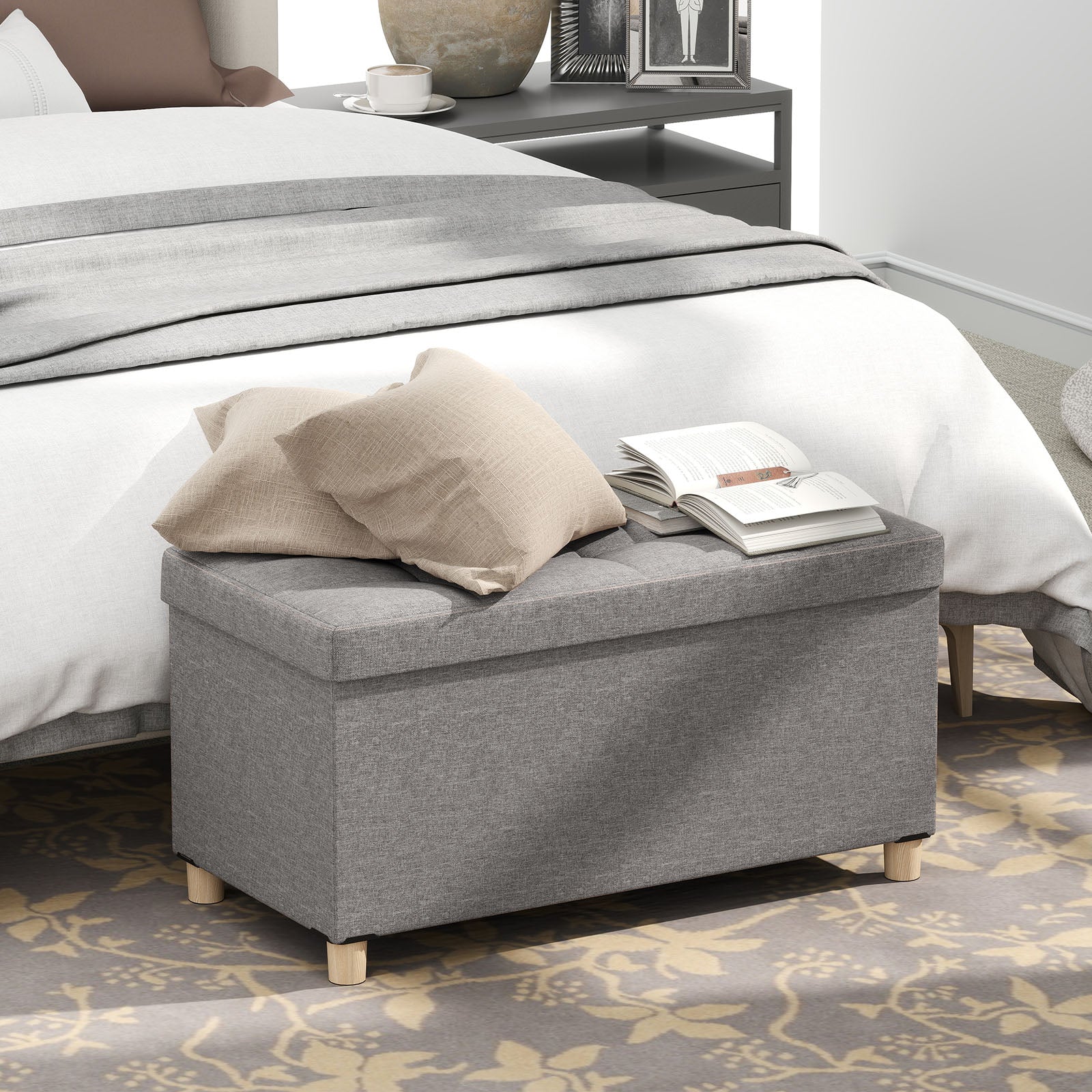 30 Inches Storage Ottoman Bench with Tray and Rubber Wood Legs, Gray Shoe Racks & Storage Benches at Gallery Canada